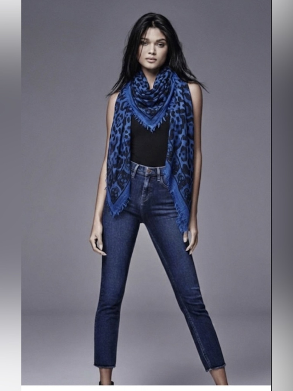 Alexander McQueen Blue Leopard Skull Fringe Scarf